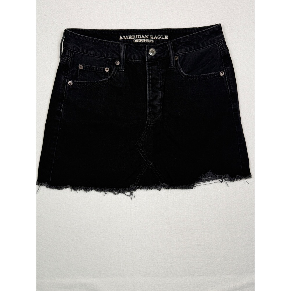 American Eagle Denim Mini Skirt Womens 4 Black Raw Hem High Rise Button Fly